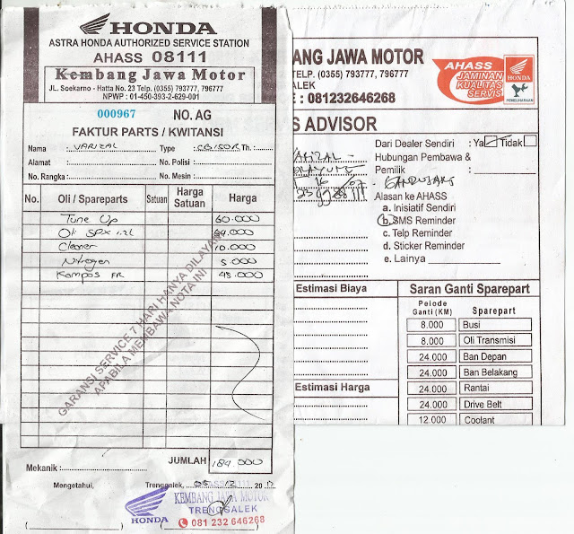 Rincian biaya sparepart kampas rem depan CB150R Rincian biaya sparepart kampas rem depan CB150R