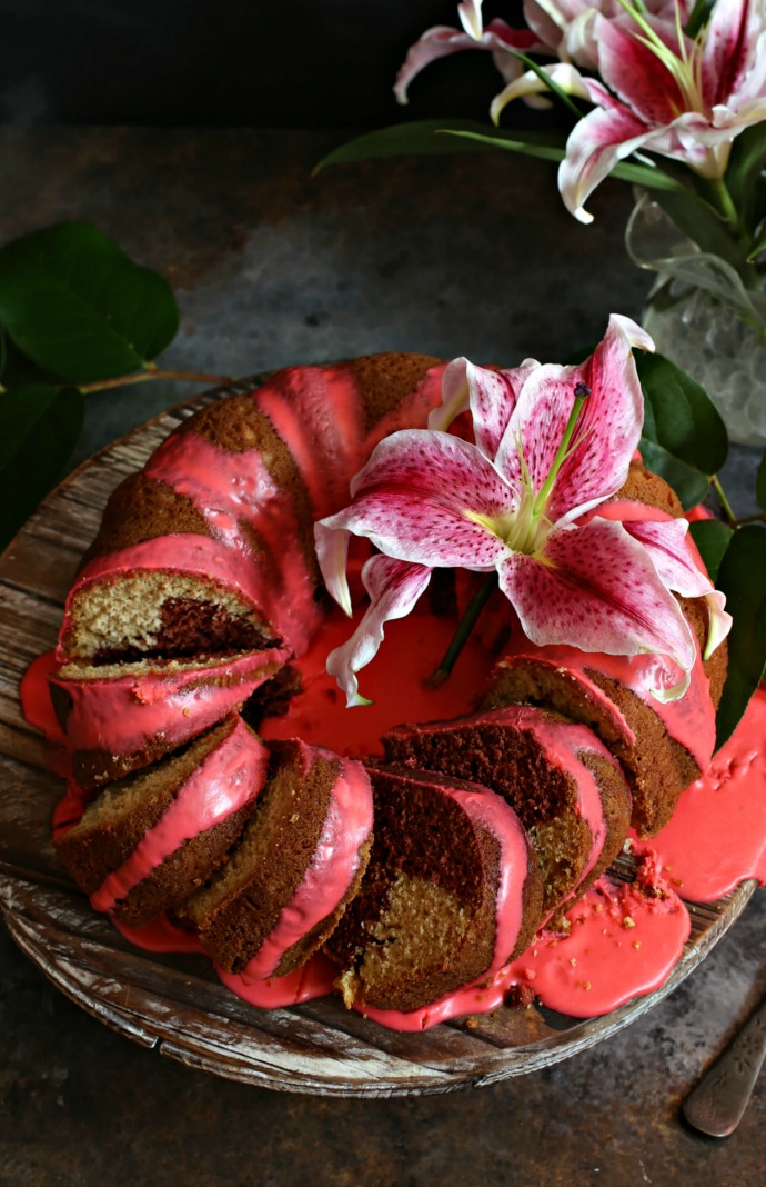 Hungry Couple Red Velvet Swirl Bundt Cake with White Chocolate Ganache