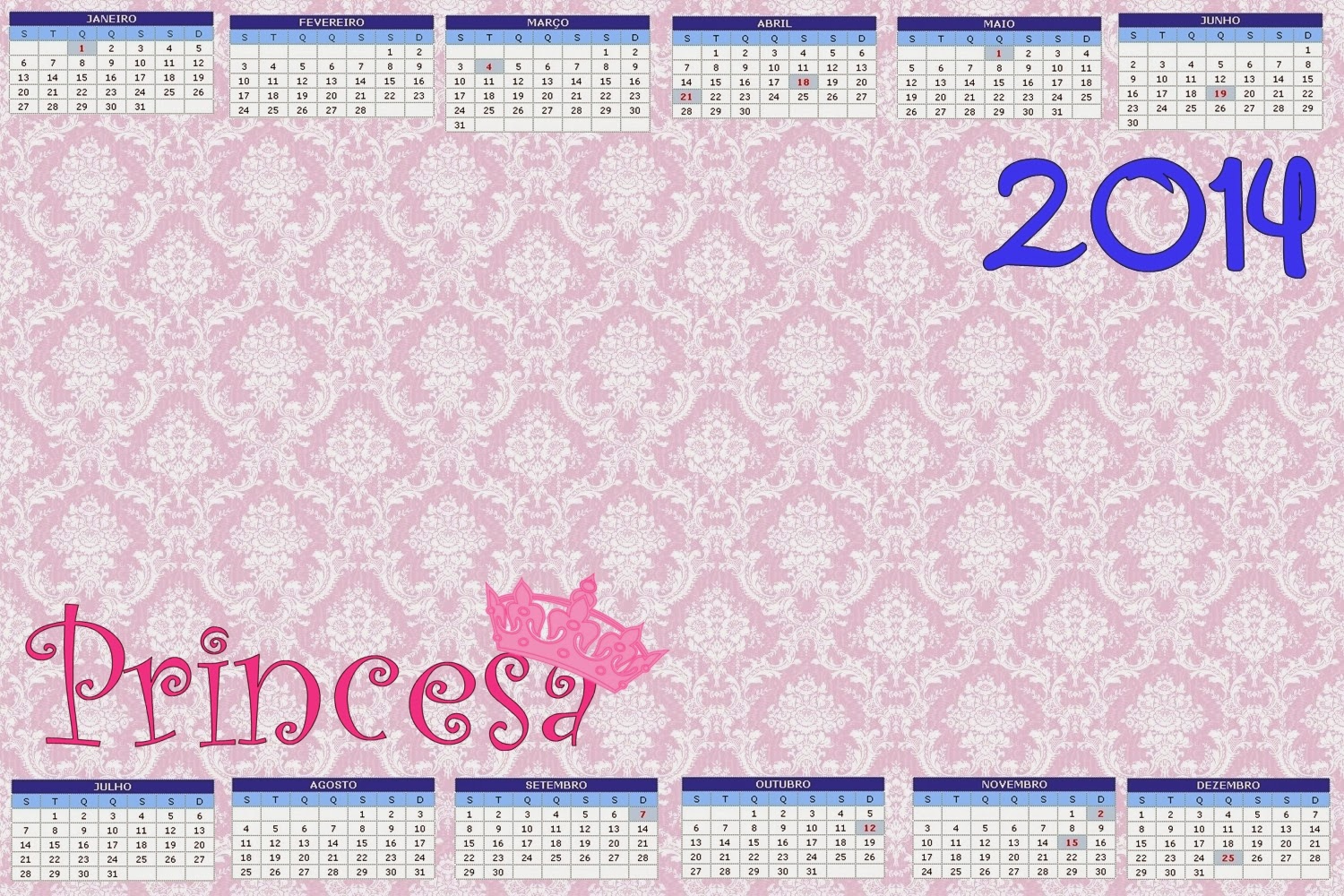 Calendario 2014 para Fiestas de Princesa. 