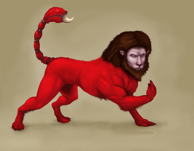 A digital painting of a red manticore
