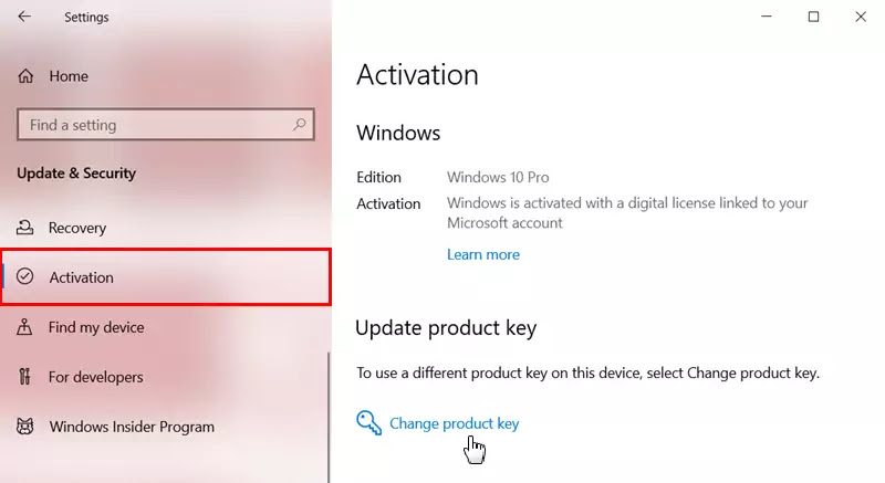 Click the 'Change product key' link to enter your 25-digit Windows 10 Product Key Click the 'Change product key' link to enter your 25-digit Windows 10 Product Key