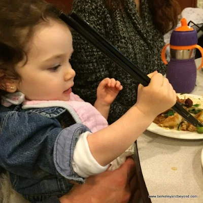 child digs in with chopsticks at Buddha Bodai One Kosher Vegetarian Restaurant in NYC
