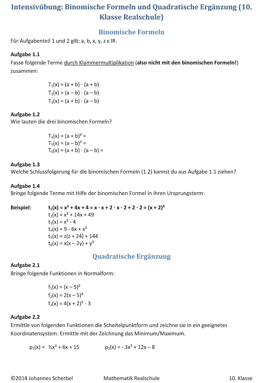 Erörterung 10 Klasse Realschule Musterlösung Pdf Übungsblätter Realschule: Binomische Formeln und Quadratische Ergänzung