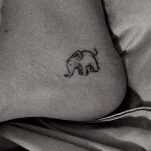 Um mini-elefante retrato é ilustrado perto do portador do calcanhar.