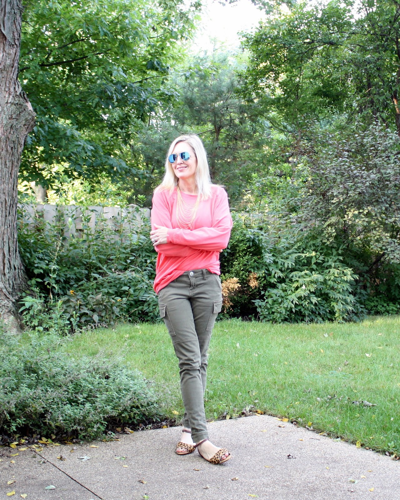 slouchy coral tunic outfit 