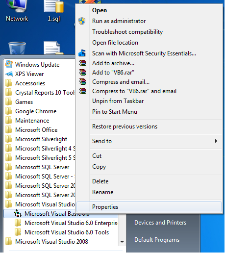 come eseguire lo strumento vb6 in Windows 7