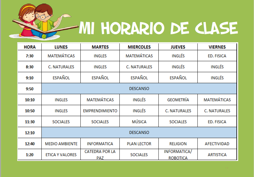 GRADO QUINTO Horario de clase grado quinto