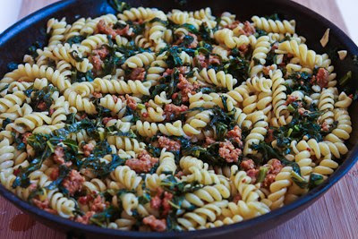  Pasta with Hot Italian Sausage, Kale, Garlic, and Red Pepper Flakes found on KalynsKitchen.com