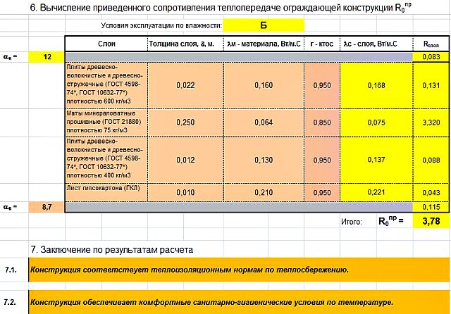 Расчет толщины утеплителя перекрытия или мансарды - скриншот экрана программы - калькулятора