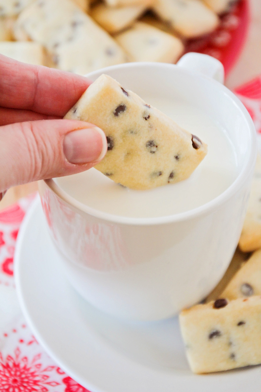 These crisp and buttery chocolate chip shortbread cookies are perfect for dunking in milk or hot chocolate! 