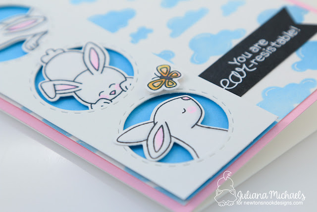 Bunny Ear Resistable Card by Juliana Michaels featuring Newton's Nook Designs Bitty Bunnies Stamp Set and Cloudy Sky Stencil