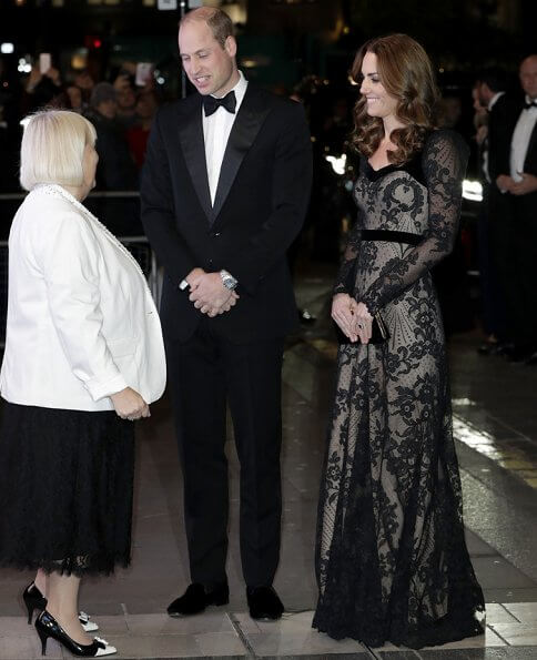 Kate Middleton wore Alexander McQueen lace gown, Jewelery Erdem floral hoop drop earring, Jimmy Choo celeste clutch