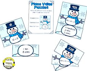 Snowman Math Stations, Winter Math Stations, Place Value, Planet Happy Smiles