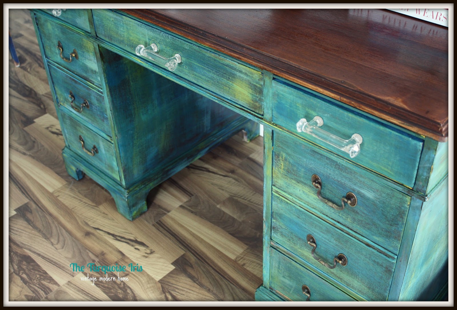 The Turquoise Iris Furniture & Art Teal Distressed Antique Desk with