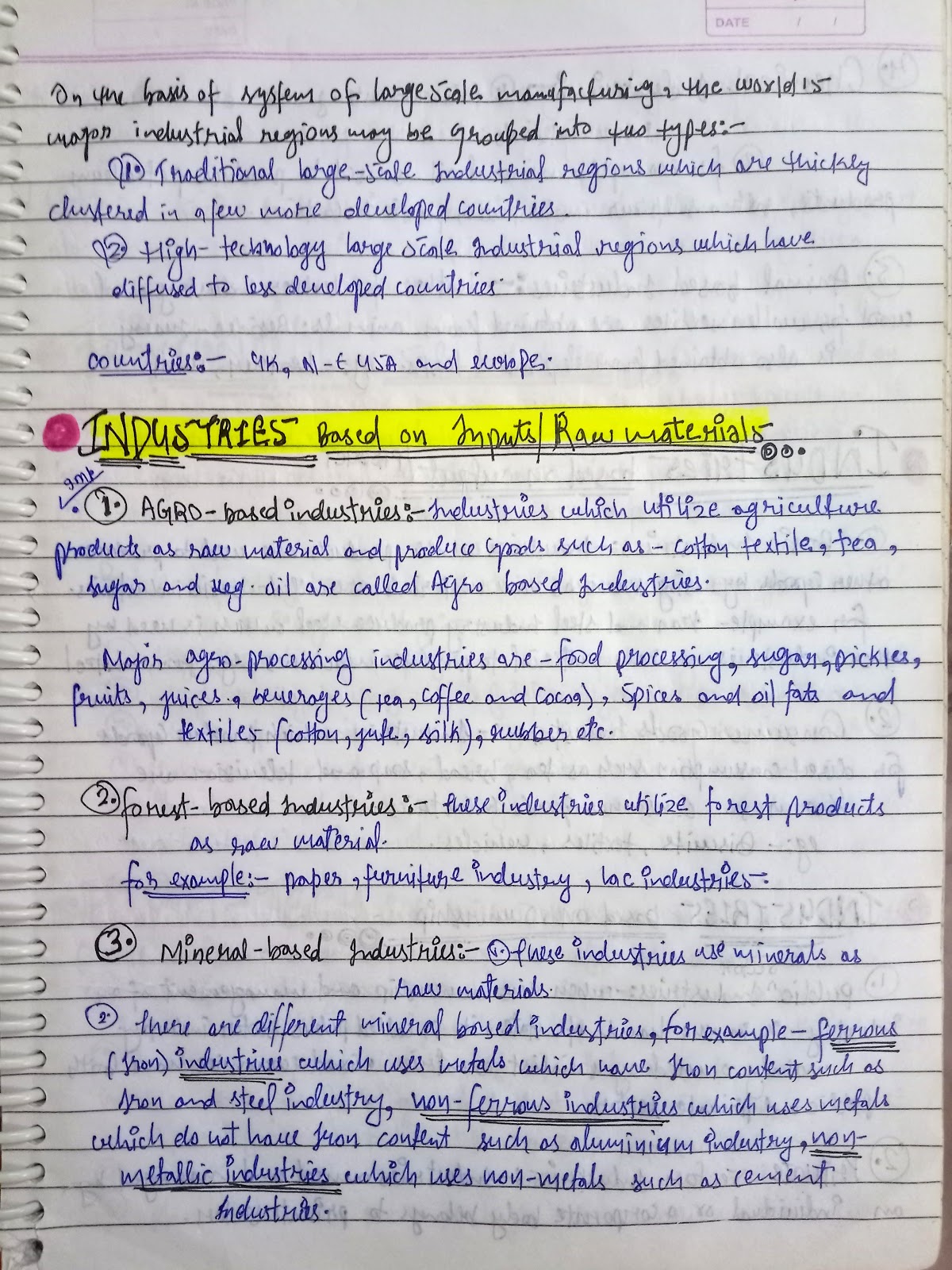 Handwritten notes of Secondary Activities [geography] class 12th