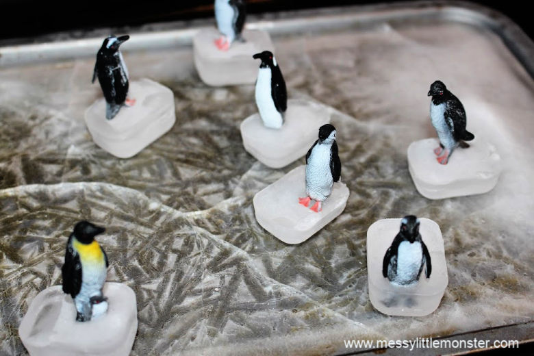 sensory play for toddlers. Ice skating penguin small world play.