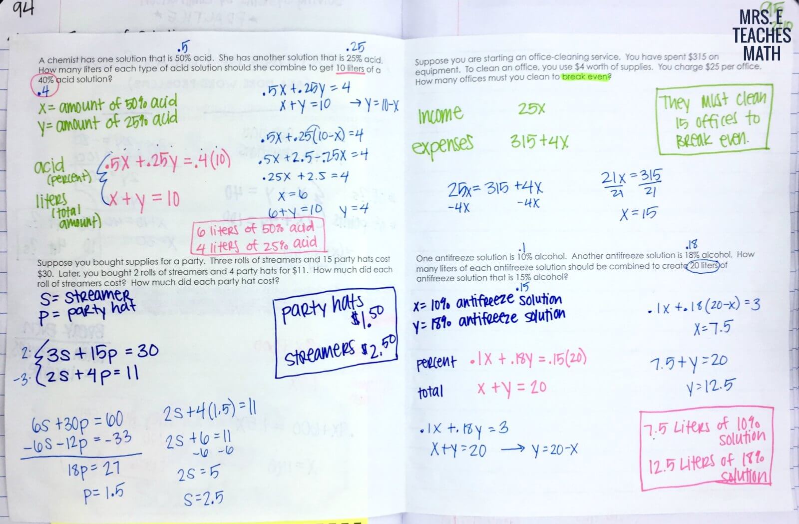 Systems of Linear Equations Word Problems INB Page  Mrs. E