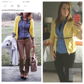 "Fashion Advice" from an organizing blogger :: OrganizingMadeFun.com -- yellow cardigan, blue shirt, boots