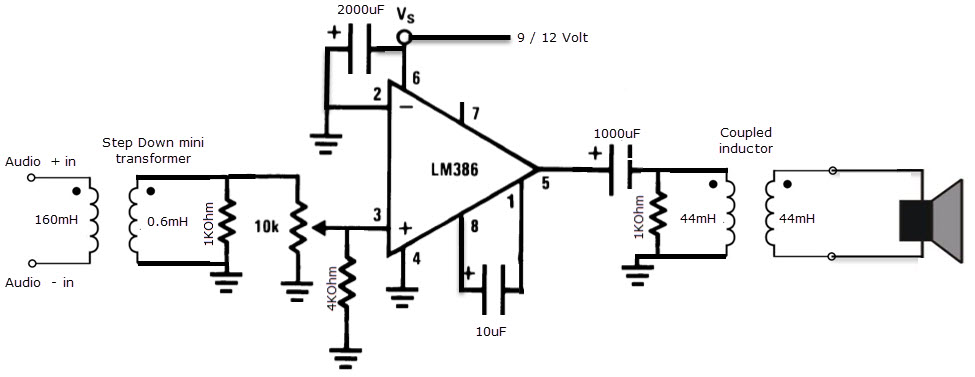 HomeMade DIY HowTo Make: LM386 amplifier circuit schematic diagram