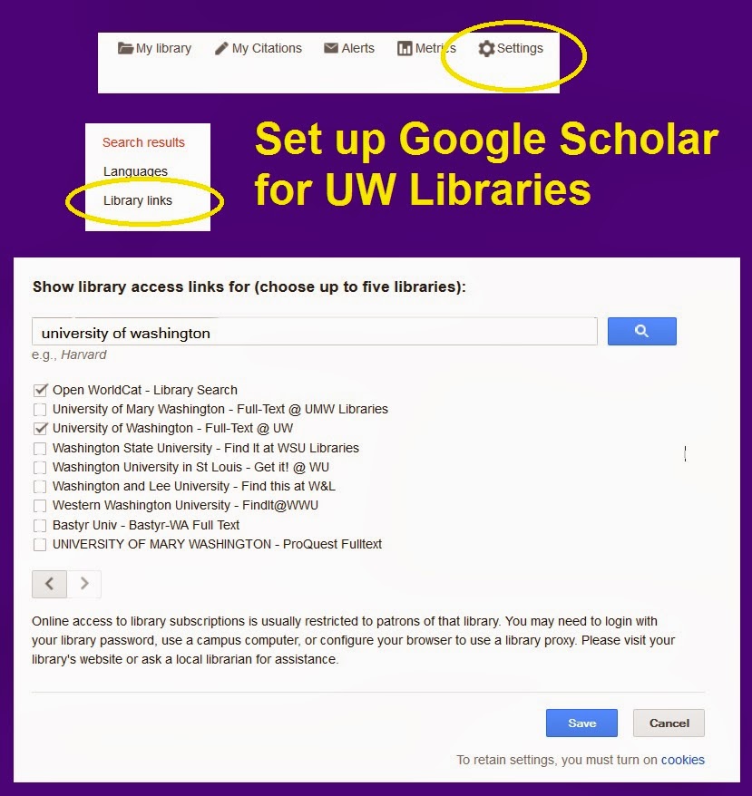 screen snips showing the Settings link, the Library links link, and the screen for searching for libraries