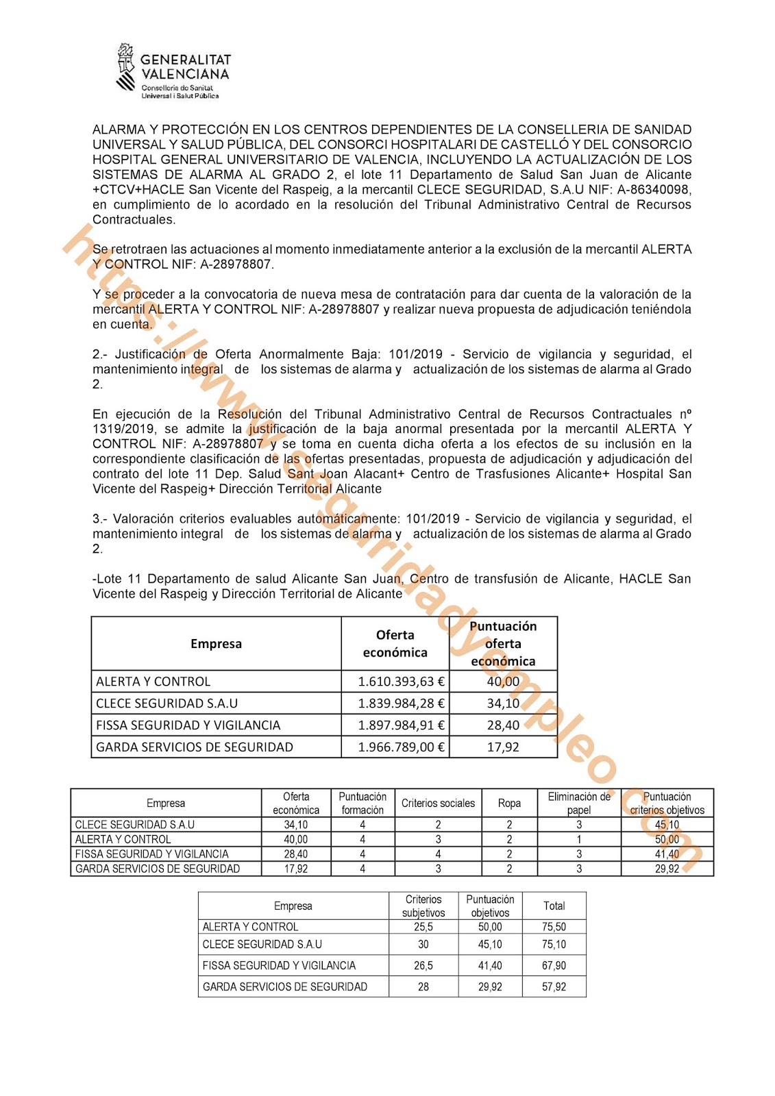 Resolución sobre la exclusión de la empresa Alerta y control en la contratación delDepartamento de salud Alicante San Juan, Centro de transfusión de Alicante, HACLE San Vicente del Raspeig y Dirección Territorial de Alicante