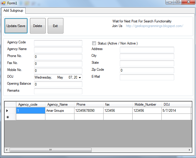 sql insert , Update , delete using c geeksprogrammings