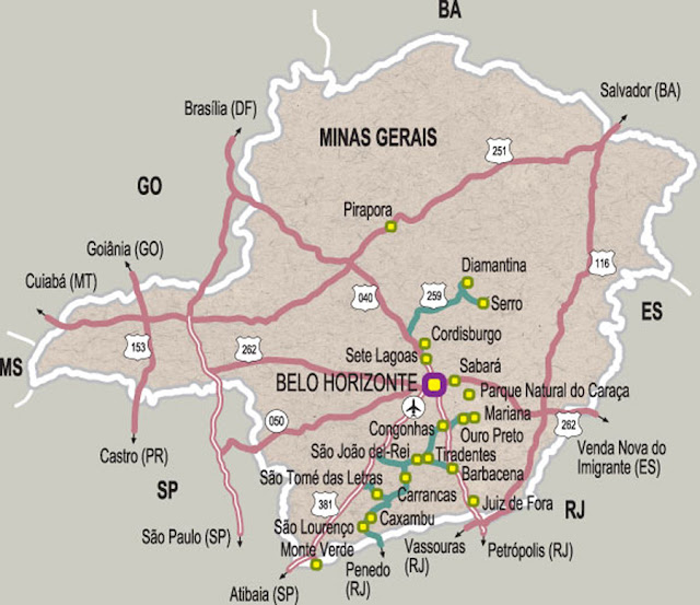 Mapa das principais rodovias de Minas Gerais
