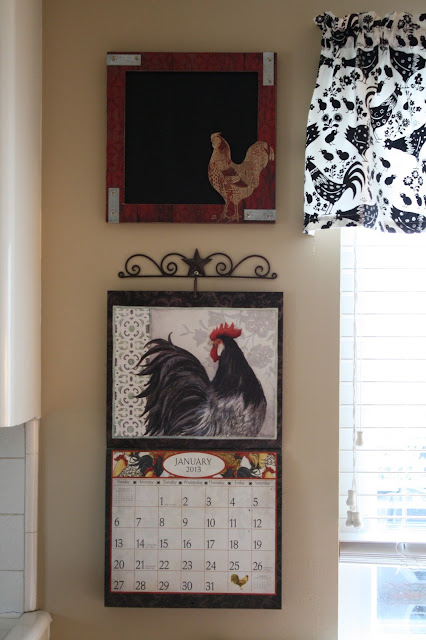red, white and black kitchen, chicken decor, rooster decor