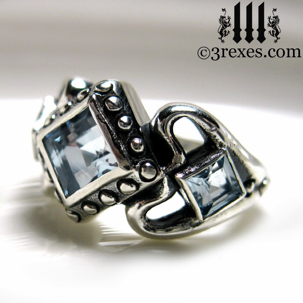 silver gothic wedding Ring aquamarine stones