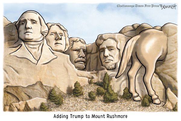 Picture of Mt. Rushmore with the rear end of a horse to the right of Lincoln.  Caption:  Adding Trump to Mt. Rushmore.