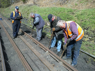 Malcolm, Malcolm, Phil and Malcolm replacing 30' 90 1b/yd with 60' 95 lb/ yd rail, beside the signalbox