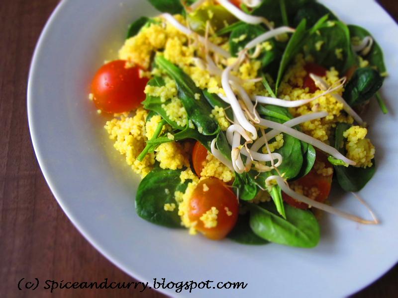 Spice and Curry Baby Spinach Bean Sprouts Cherry Tomatoes Couscous Salad