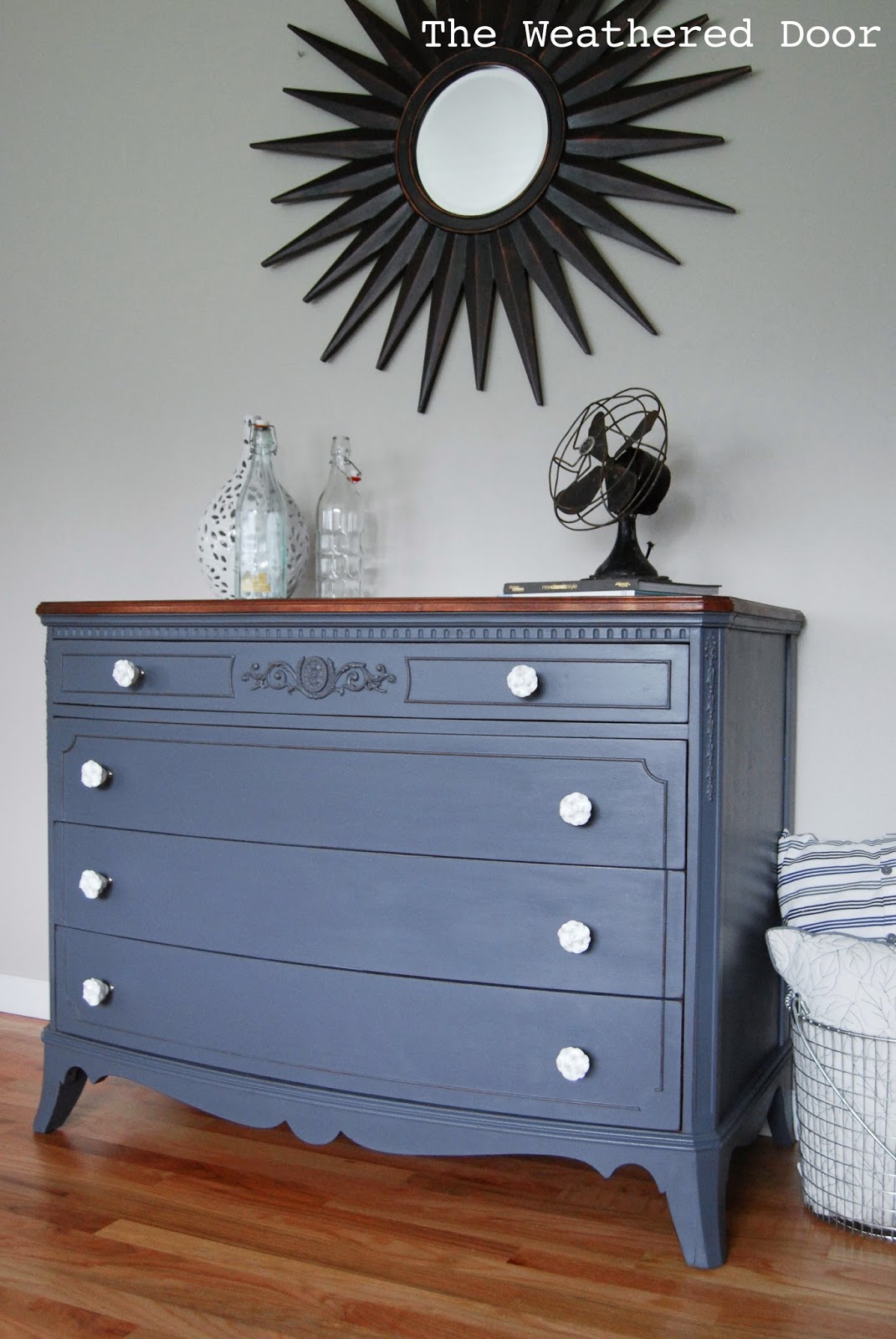 A French Grey Dresser With Wood Top, Weathered Grey Dresser