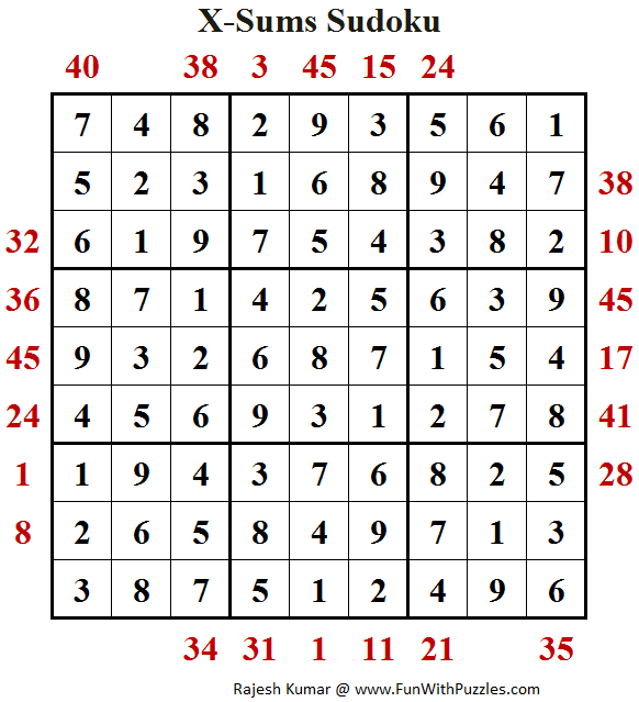 X-Sums Sudoku (Daily Sudoku League #154) Answer