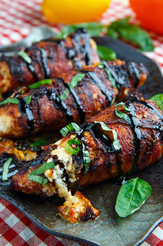 Bacon Wrapped Roasted Red Pepper and Goat Cheese Stuffed Chicken with Balsamic Drizzle and Basil Bacon Wrapped Roasted Red Pepper and Goat Cheese Stuffed Chicken with Balsamic Drizzle and Basil