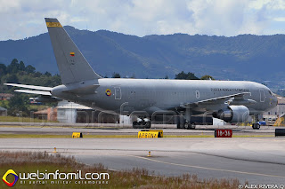 Avión multiproposito Boeing KC-767 de la Fuerza Aérea Colombiana a su arribo  a Rionegro para la Feria aeronáutica internacional.