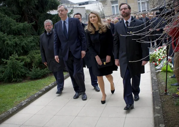 Hereditary Grand Duke Guillaume of Luxembourg and Hereditary Grand Duchess Stéphanie of Luxembourg attended the moment of silence at the Belgian Embassy. jewelery, diamond earring, diamond rings, baracelet, newmyroyals, new myroyals, new my royals