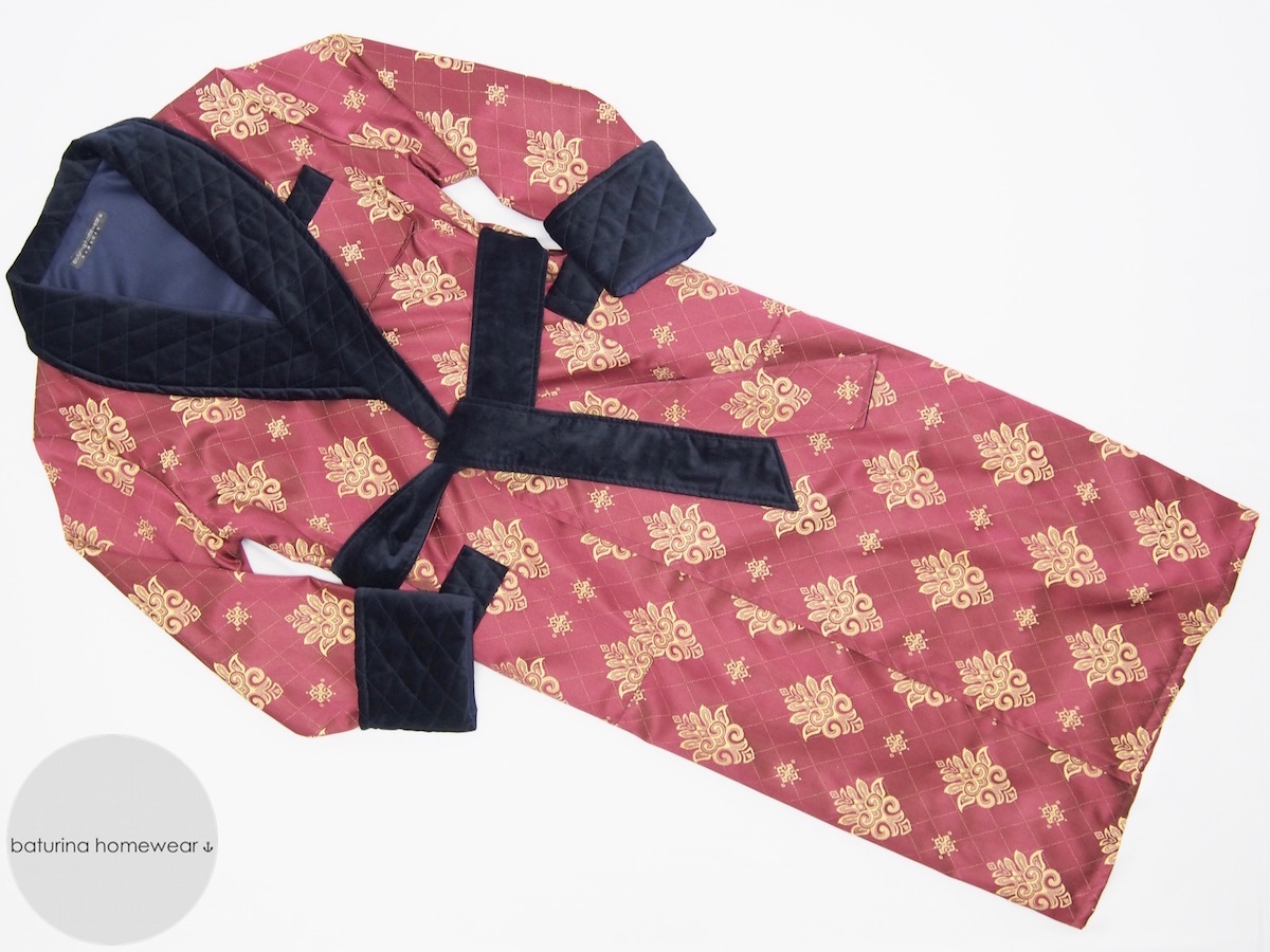 Velvet and Silk Jacquard Men's Dressing Gown in Burgundy and Navy Blue