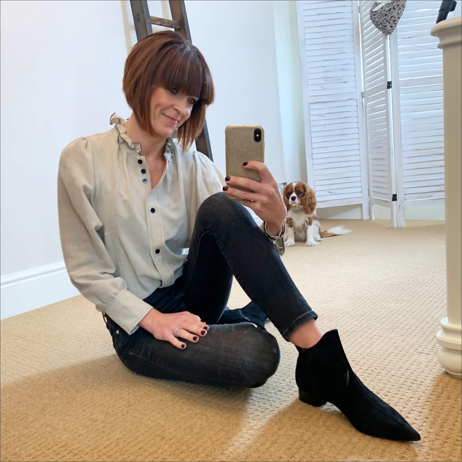 my midlife fashion, isabel marant etoile ruffle blouse, find ark womens ankle boots, the kooples studded leather belt, j crew 9 inch high rise toothpick jean in charcoal wash