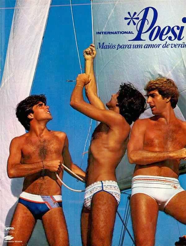 Propaganda da Internacional Poesi com moda praia para homens nos anos 80.