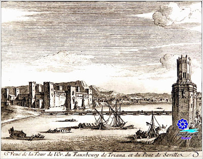 Sevilla 1707 - Vista de la Torre del Oro, Puente de barcas y Triana con el Castillo de San Jorge - Grabado de Pieter Van del Aa