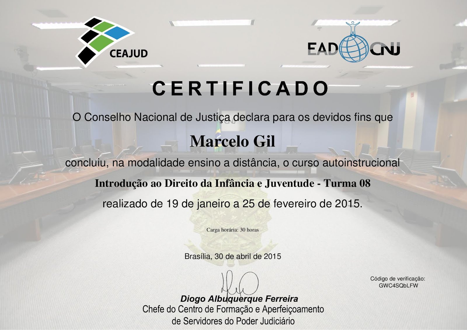 CERTIFICADO DO CONSELHO NACIONAL DE JUSTIÇA CONCEDIDO À MARCELO GIL / 2015