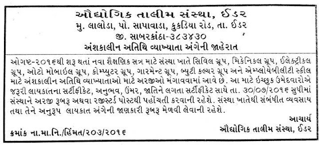 ITI Idar Audyogik Talim Sanstha (ITI), Idar Recruitment 2016 for Lecturer