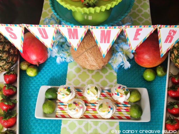 summer banner, lime cupcakes, mango, strawberries, tropical fruit, coconut