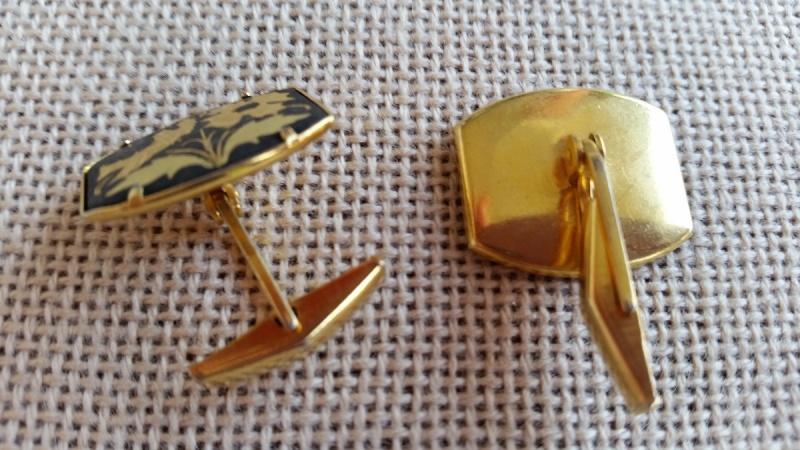 spinki do mankietów vintage stare spinki do koszuli czarne ze złotymi motywami koliber kwiaty