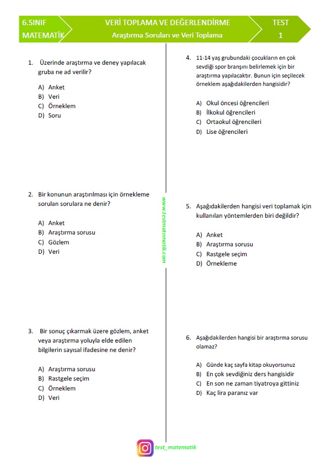6 Sinif Veri Toplama Ve Arastirma Sorusu Hazirlama Test Test Matematik