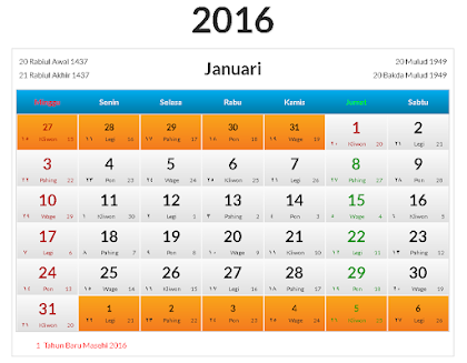 Kalender Januari 2016 Indonesia