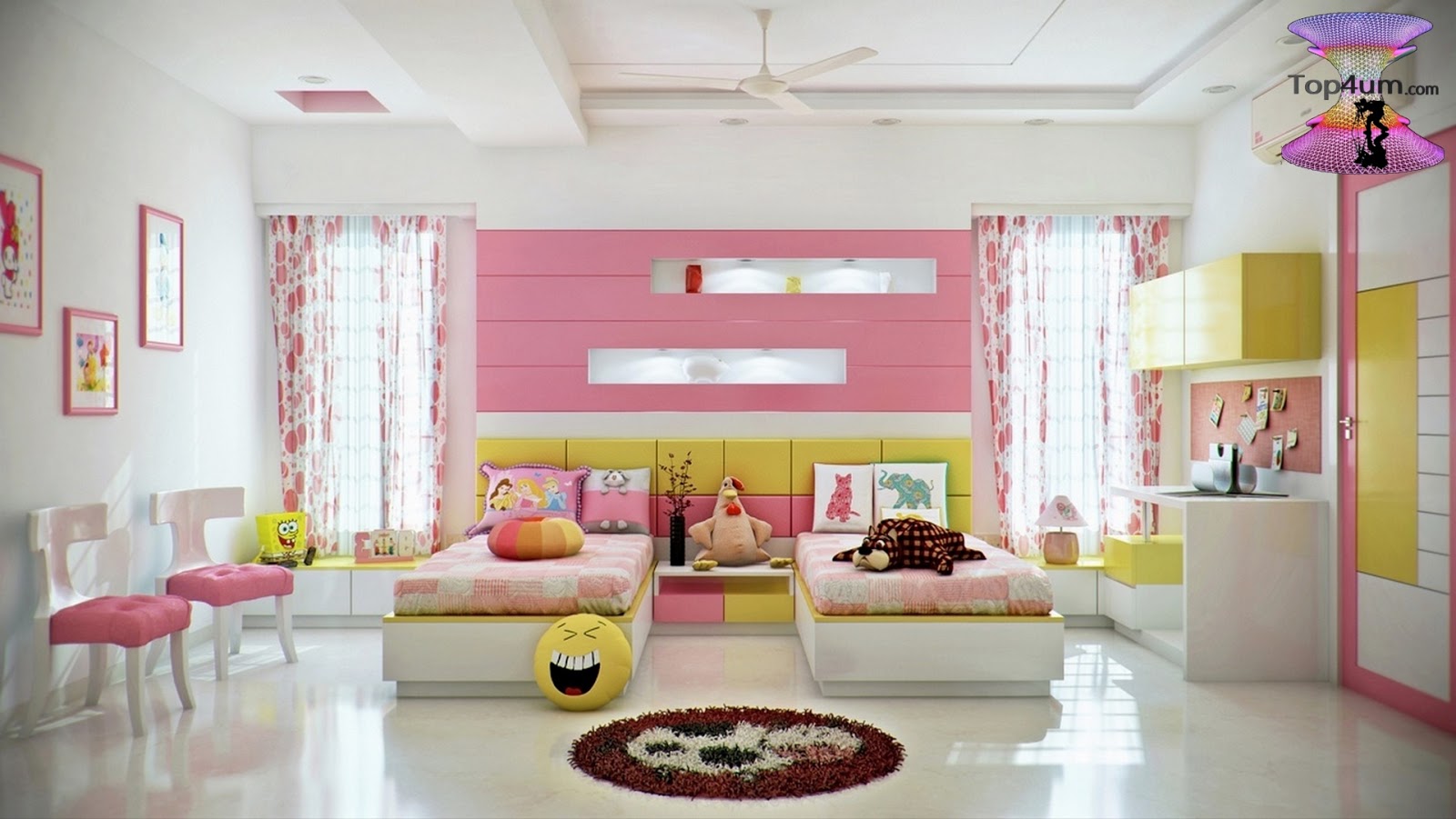 детская комната для девочки. сочетание цветов в интерьере детской. детская с желтыми шторами. детская розово желтая. детская розово желтая.