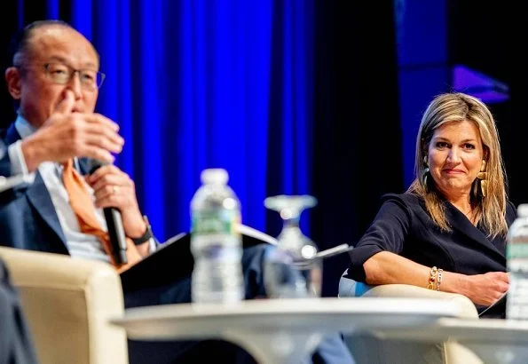 Queen Maxima of Netherlands wore Natan Crepe Jumpsuit. she wore Gianvito Rossi suede pumps. 2018 Spring Meeting in Washington DC