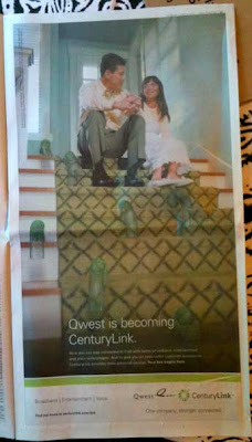 CenturyLink full page ad with photo of dad and daughter sitting at the top of a flight of stairs, smiling, as 7 Slinkies bounce toward the viewer